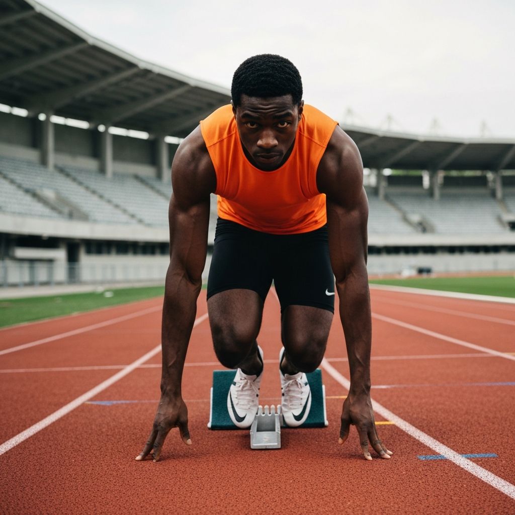 Track sprinter in blocks